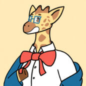 An anthropomorphic giraffe wearing a white button up shirt, red tie, and cyan sweater vest